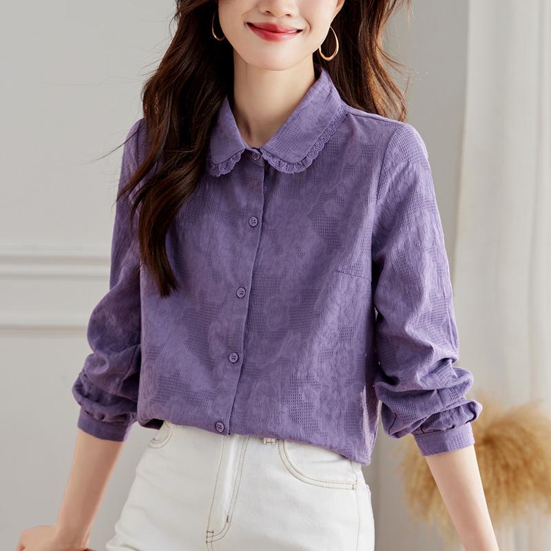 

Новая весенняя жаккардовая рубашка для женской моды, простая базовая рубашка, уменьшающая возраст, для женщин XXL фиолетовый