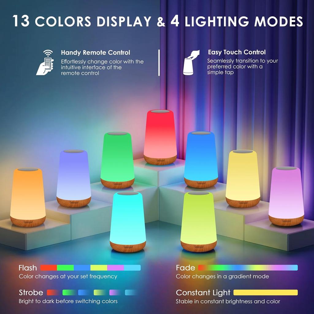 Night Light, Dimmable Touch Lamp for Bedroom, Portable Table Bedside Lamp, 5 Brightness 13 RGB Colors, Night Lights for Baby Nursery Bathroom