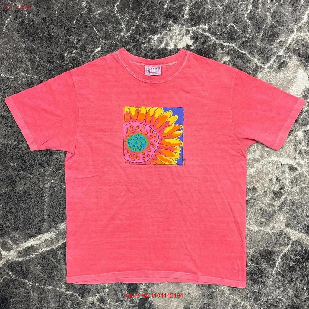 Vintage Sanat Tişört Erkek Büyük 90'lar Y2k Fresh Produce Çiçekler Ayçiçeği Doğa Pembe Vintage Yıkanmış Sokak Giyim Moda Nefes Alabilir