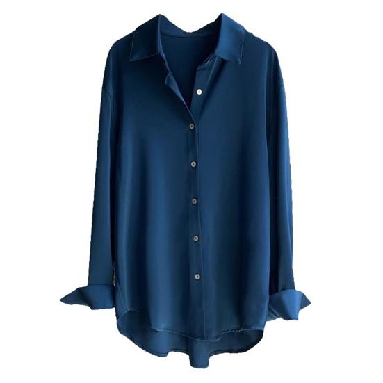 Women Shirt Lapel Long Sleeve Buttons Placket Casual Shirt Solid Color Commuter