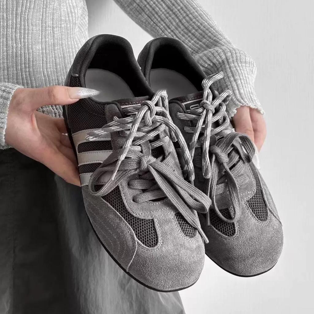 Cow velvet~ gray lace-up casual moral training shoes women's mesh splicing design sports style flat leather Forrest Gump shoes