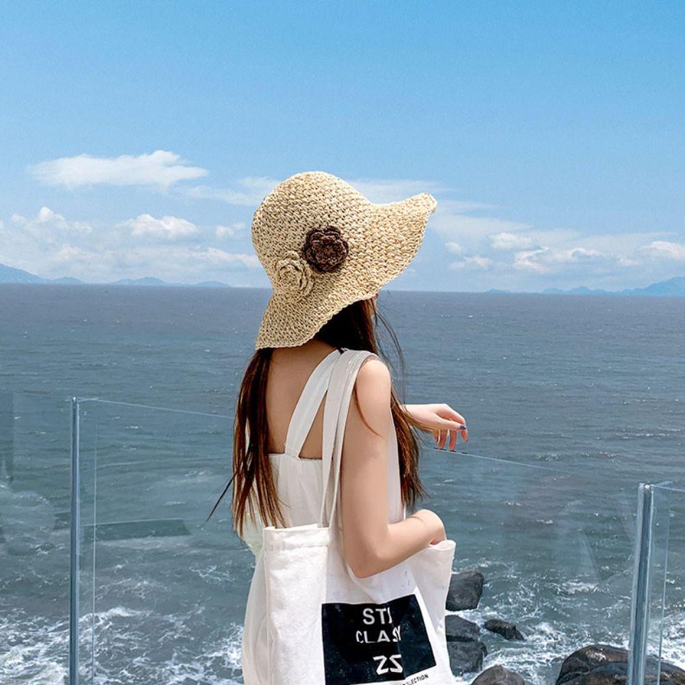 Beach Cap Lafite Straw Hat Wide Brim Weave Straw Cap Simple Flower Sun Hat  Spring
