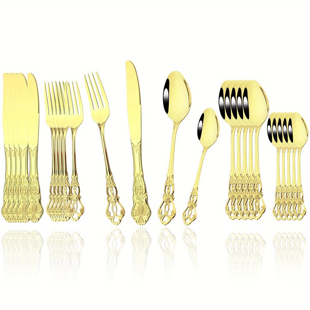 Set 24 buc Tacâmuri din Oțel Inoxidabil Lustruit Oglindă, Veselă Stil Crown Court, Formă Vintage, Argintărie Bucătărie Restaurant