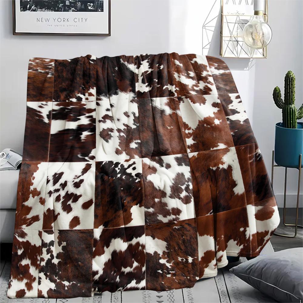 1Pc Rustic Cowhide Style Print Flannel Blanket, High Quality Comfortable for All Seasons, Home Decor, Warmth and Comfort, Perfect for Gifts