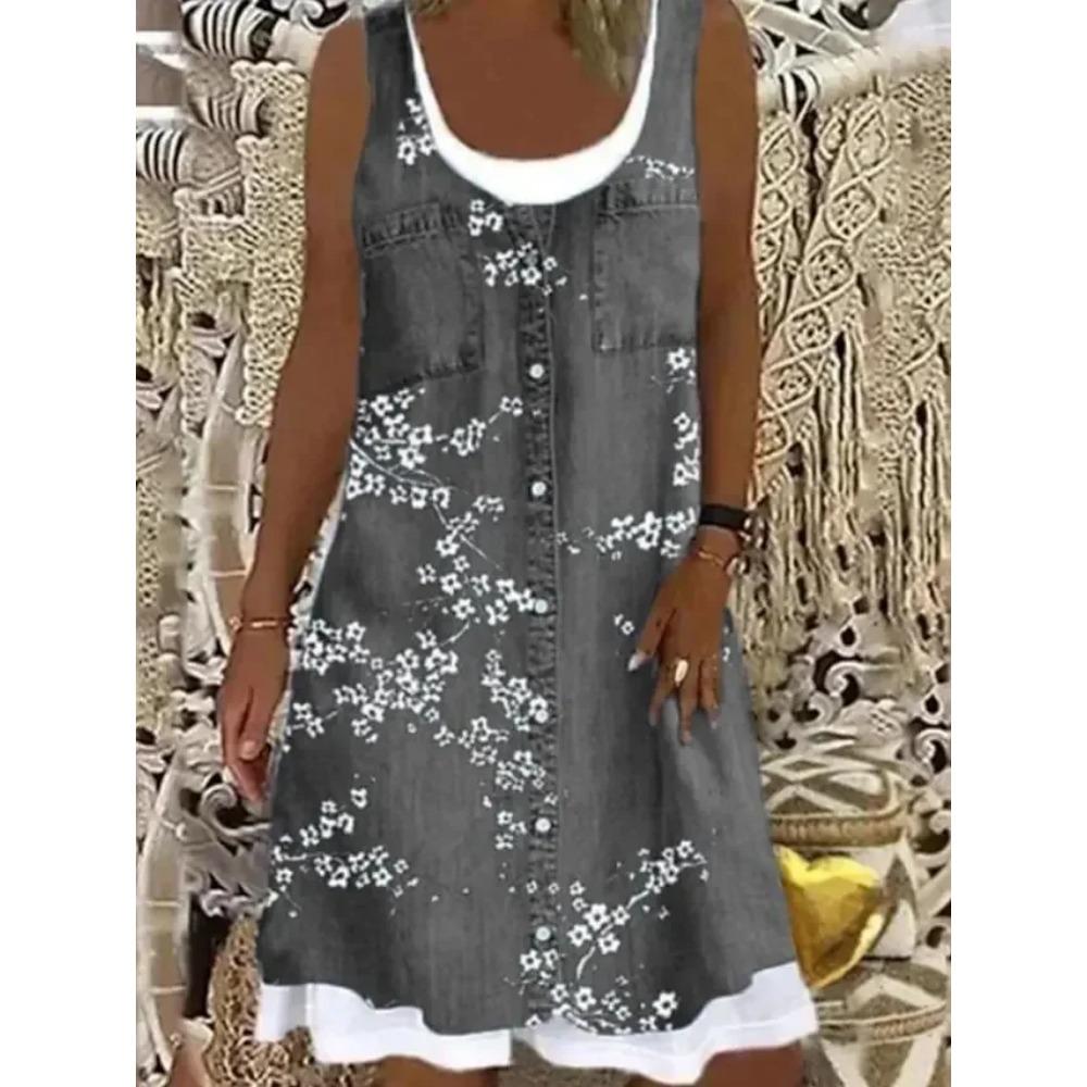 Nouvelle robe 2025 pour femme à impression numérique Fausse pièce deux pièces Imitation Jean Robe Décontractée Ample Col Rond Robe débardeur Femme Vestidos
