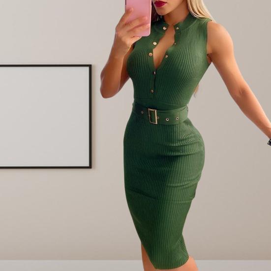 Γυναικείο Φόρεμα για Μετακίνηση Στενή Εφαρμογή με Ζώνη και Ψηλή Μέση, Στάσιμο στο Στάθμη, V Λαιμόκοψη, Αμάνικο, Μισό Μονόπετο, Θήκη OL, Μέχρι το γόνατο, Επίσημο Γραφείο