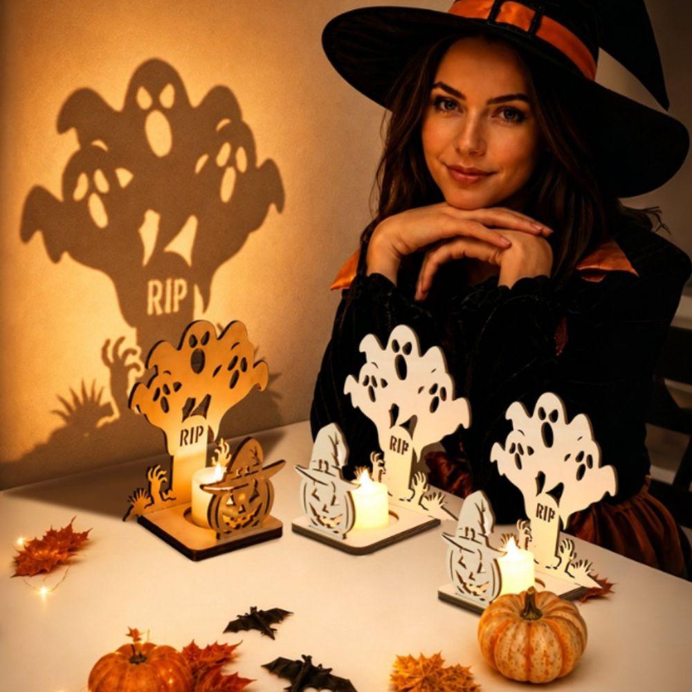 Wooden Material Wooden Candle Holder Shadow Projection Design Halloween Candlestick  Indoor Decor