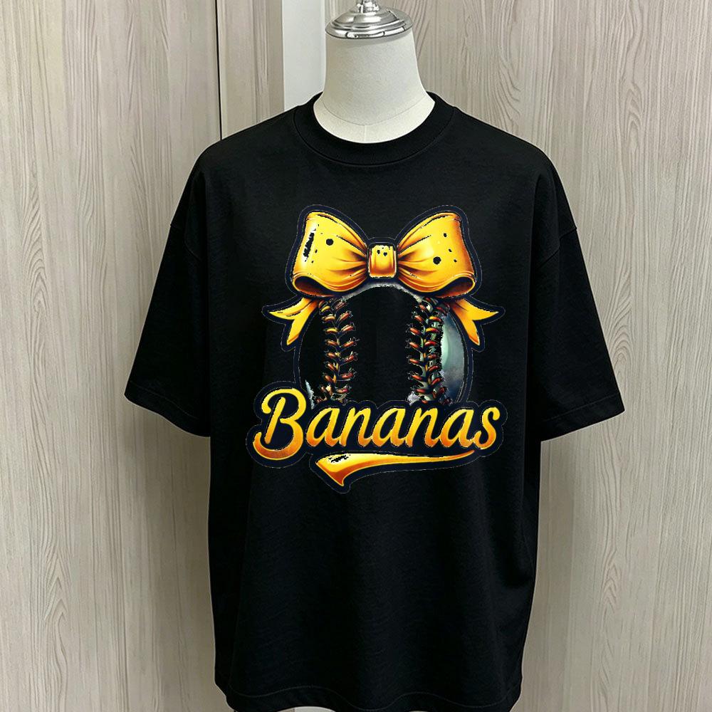 Bananas Baseball Yellow Bow Print Oversized Cotton Tee Retro Sports Loose Short Sleeve Tops Cute Game Day