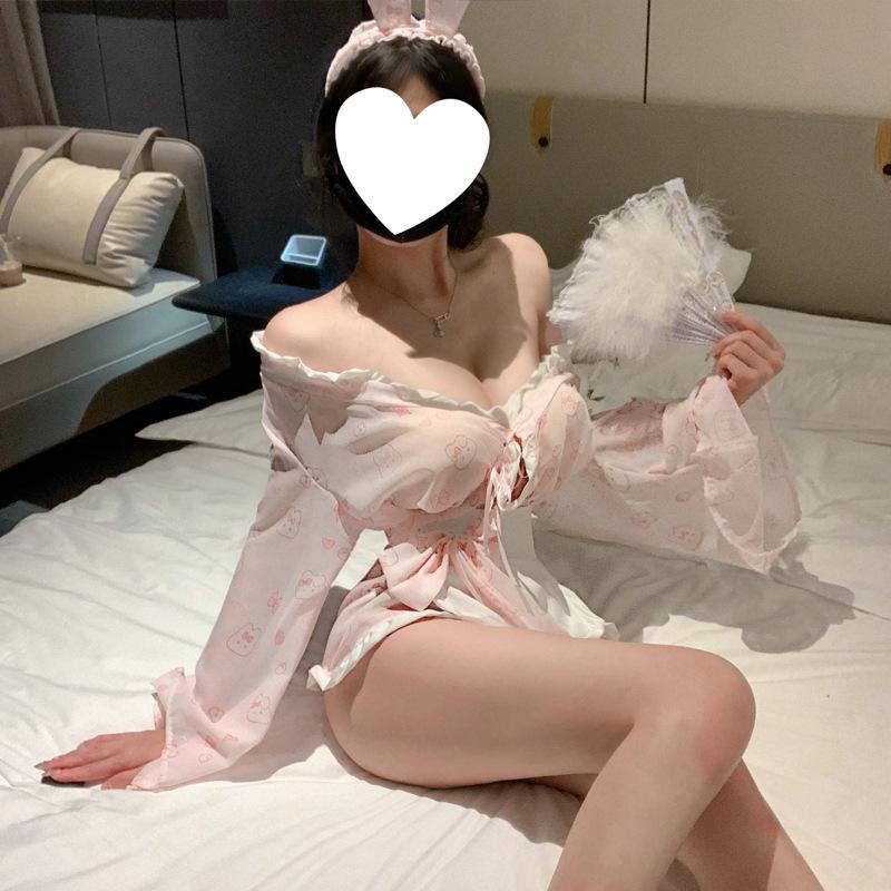 Playful Print Lingerie Set with Bows & Kimono Style - Cute & Sweet Cosplay Japanese Nightgown for Women