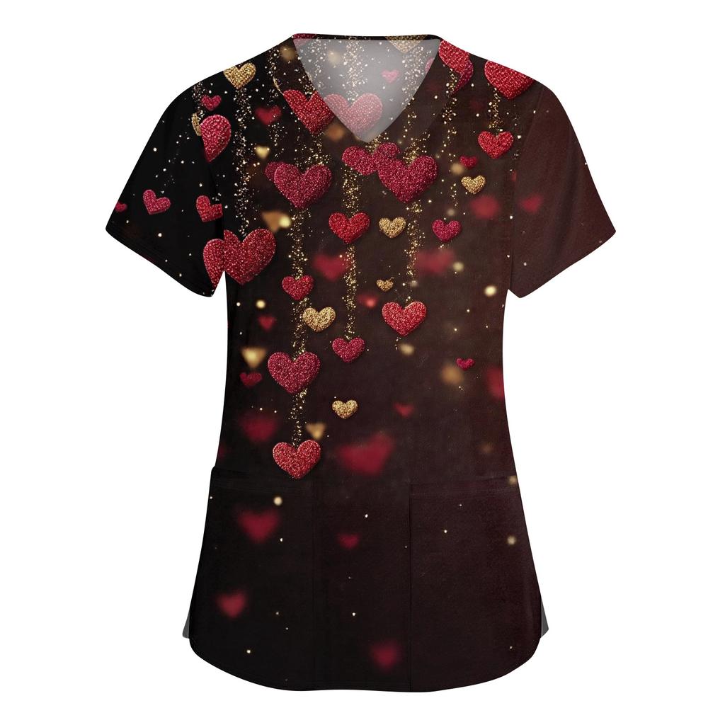 Modische Arbeitskleidung für Damen mit V-Ausschnitt, kurzen Ärmeln und bedruckten Taschen