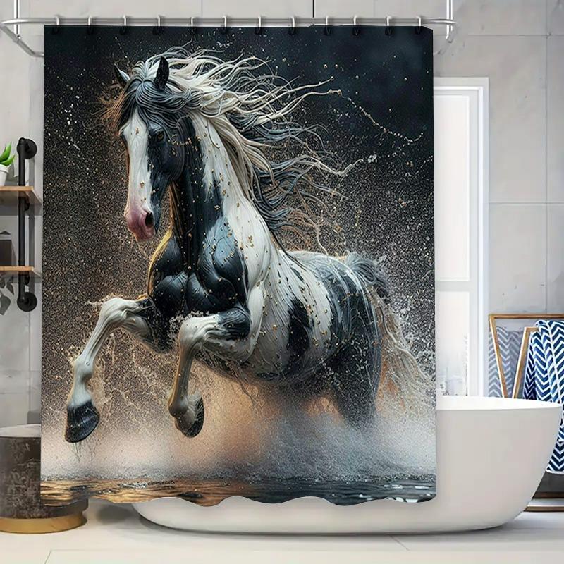 

Horse Shower Curtain Decor, 3D Printed Waterproof Fabric, Luxury Home Bathroom Accessories Set For Bathrooms Decoration Black Wh W60H190(CM)-1 Pcs