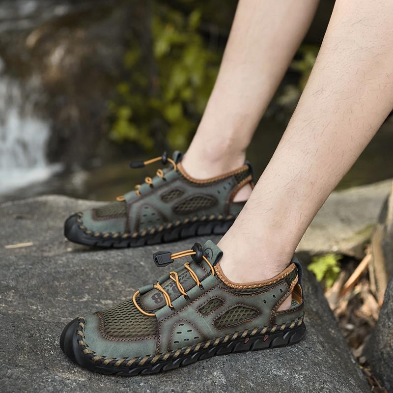 Men Microfiber Leather Hand Stitching Breathable Mesh Casual Soft Sandals