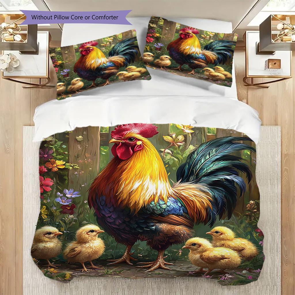 Rooster Pattern Bedding Quilt Set Quilt Cover Pillowcase Home Decoration Birthday Gift (1 * duvet cover + 2 * pillowcase, without core)