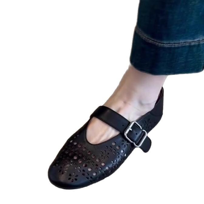 Bohemian Hollow Single Shoes Women's Gentle Hole Shoes Late Evening Breeze Grandma Shoes Leather Flat-soled French Mary Jane Shoes