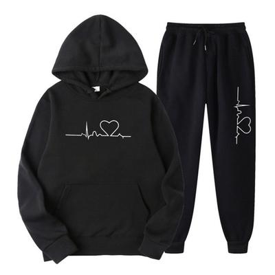 1 Set Women Men Sports Jogging Suit Printed Hoodies Drawstring Elastic Waist Jogger Pants Casual Wear Two-piece Set Warm Autumn Winter Sweatshirt