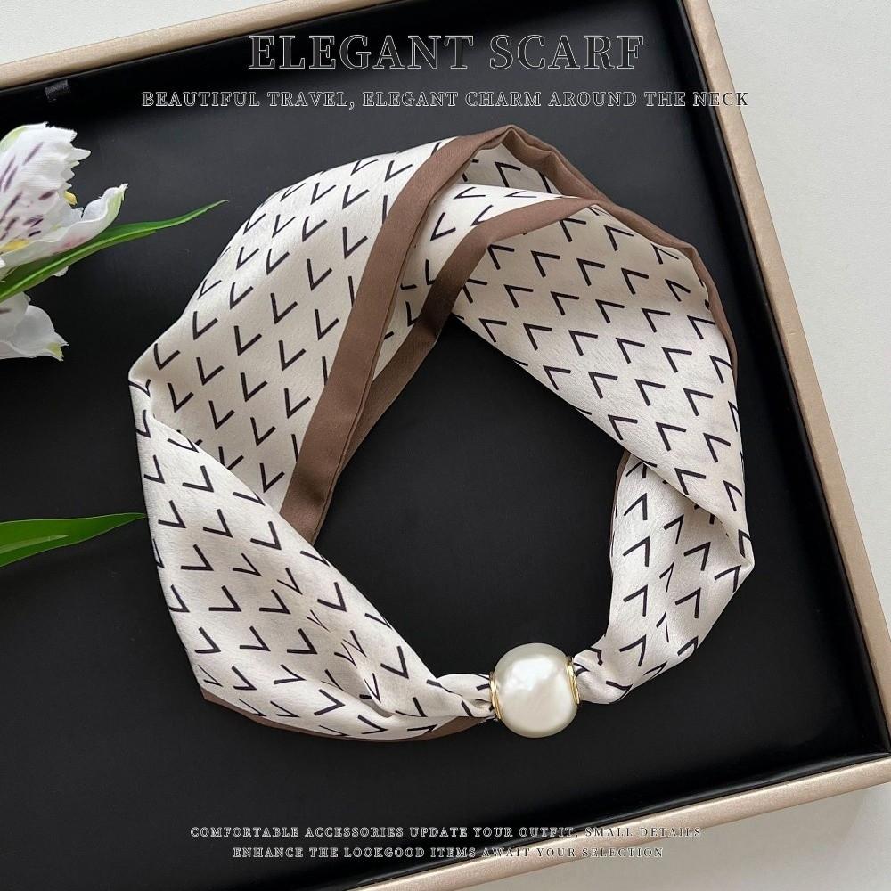Thin Pearl Silk Scarf Magnetic Clasp Neck Wrap Fashion Neckerchief  for Women