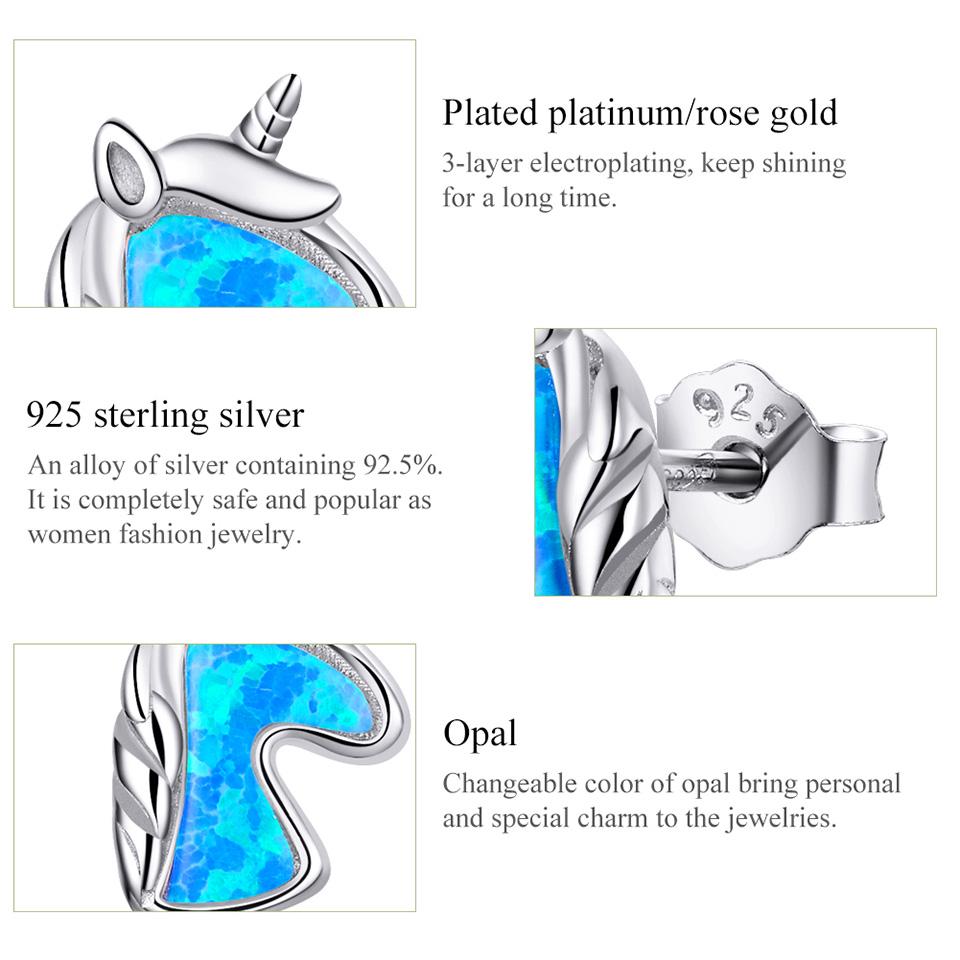 BAMOER Authentic 925 Sterling Silver 2 Color Translucent Opal Fancy Pony Earring Original Brand Design