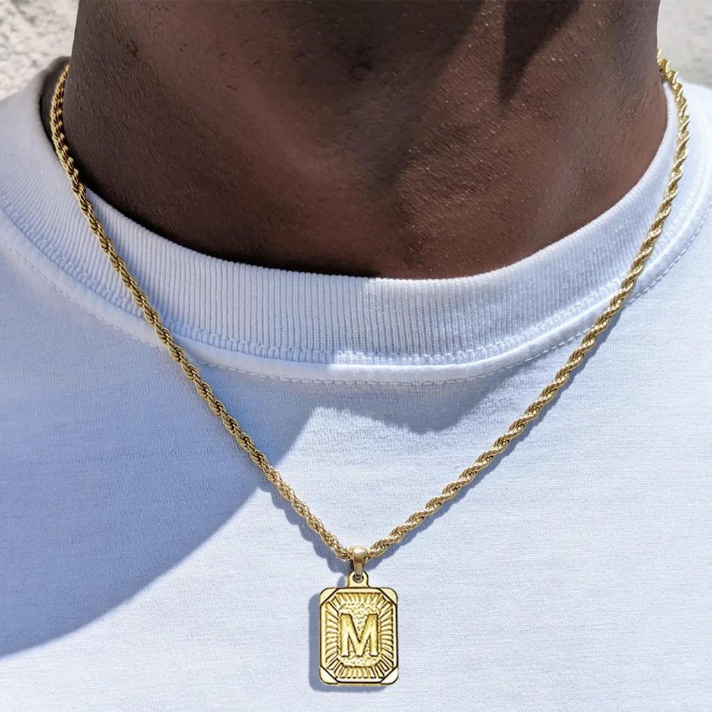 18K Gold Stainless Steel 26 Letter Pendant Necklace with Twisted Chain - Hip Hop Style