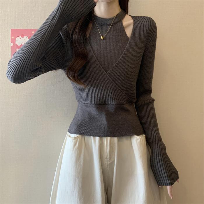 Fake Two Hanging Neck Knitted Bottom Shirt for For Women In Spring and Autumn Slim Look Chic Chic with Sweater Long-sleeved Blouse