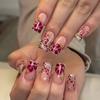 24PCS Spice Girls Stick On Fake Nails Pink Flowers Leopard Print French False Nails Golden Decor Square Wearable Simple Manicure