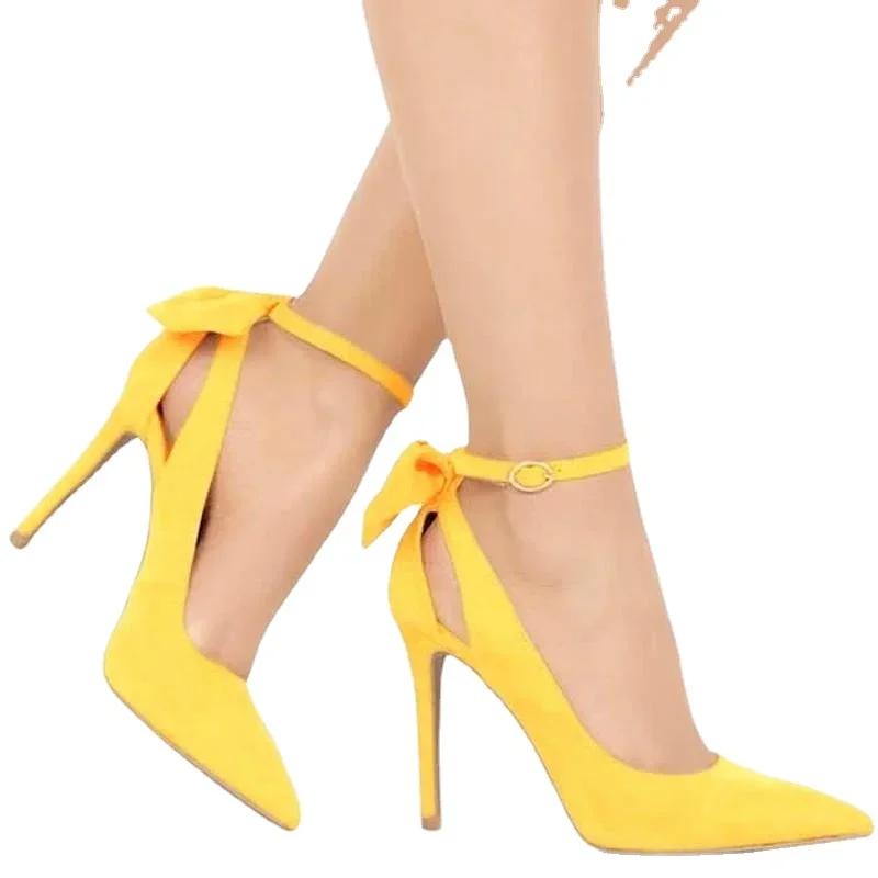Women's High Heels Bow Tie Back Sexy Stiletto Pumps Pointed Toe Bowknot 11cm Sexy Ankle Strap High Heeled Female Wedding Shoes