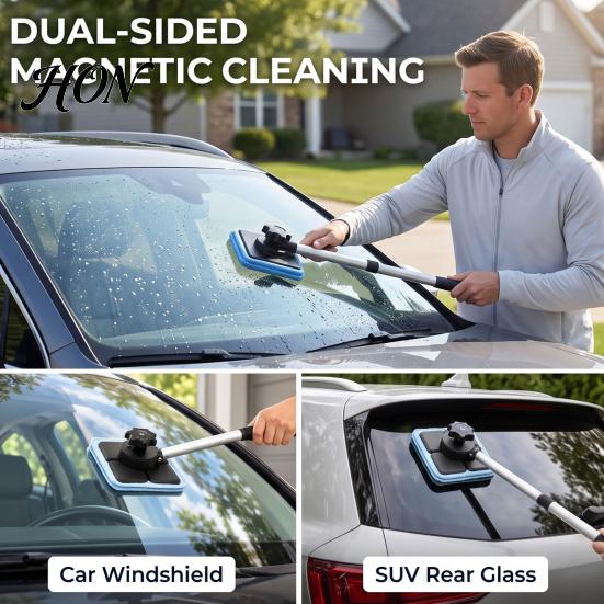 Portable Car Detailing Cleaning Kit Magnetic Windshield Kit, Double-Sided Glass Cleaner with Adjustable Reach Washer Long Telescopic Handle, Reusable