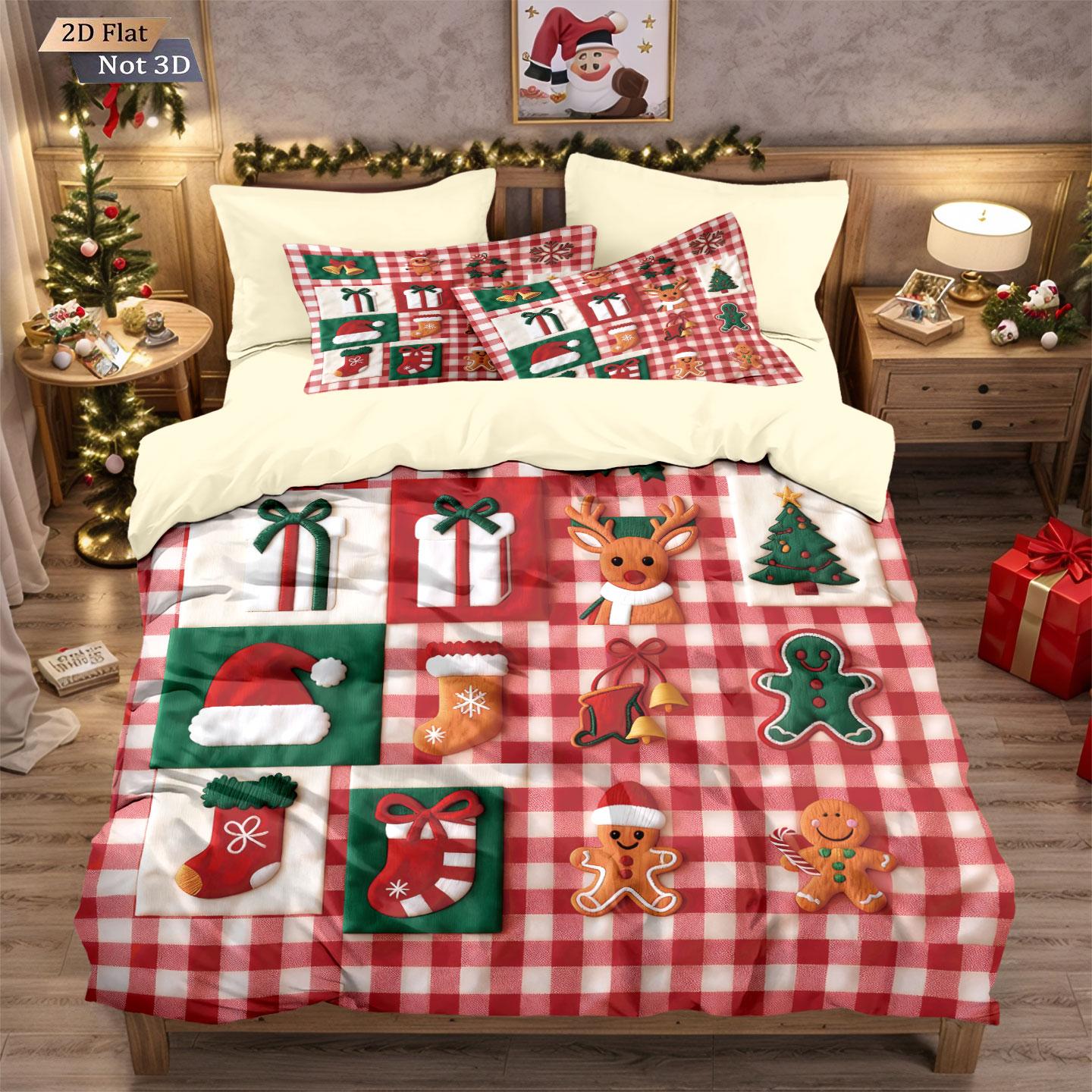 

3pcs Christmas red checkered printed coreless bedding set multiple sizes bedrooms dormitories comfortable, machine washable 135x200cm-EU-Single&set