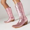 Fashion IPPEUM Silver Metallic Cowboy Boots Knee High Embroider Chunky Heel  Cowgirl Shoes Mid Calf Western Botas Cowboy Mujer