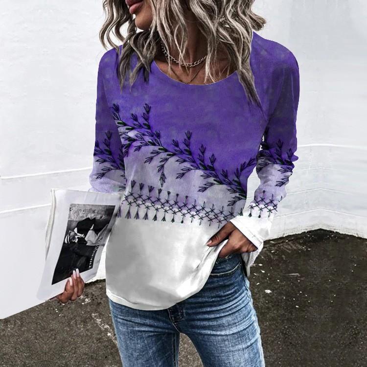 Spring and Autumn Round Neck Flower Pattern 3D Printed Top Fashionable Casual Retro Long Sleeved Women's T-shirts