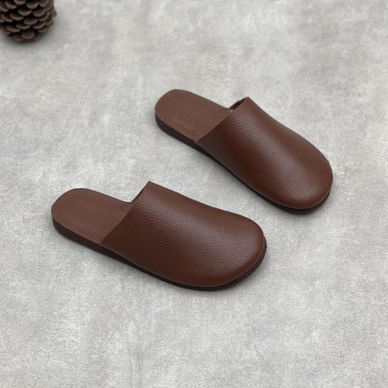 

Johnature Handmade Genuine Leather Round Toe Flat Slippers Comfortable Soft Cowhide Women s Slip-on Shoes 40 кавовий