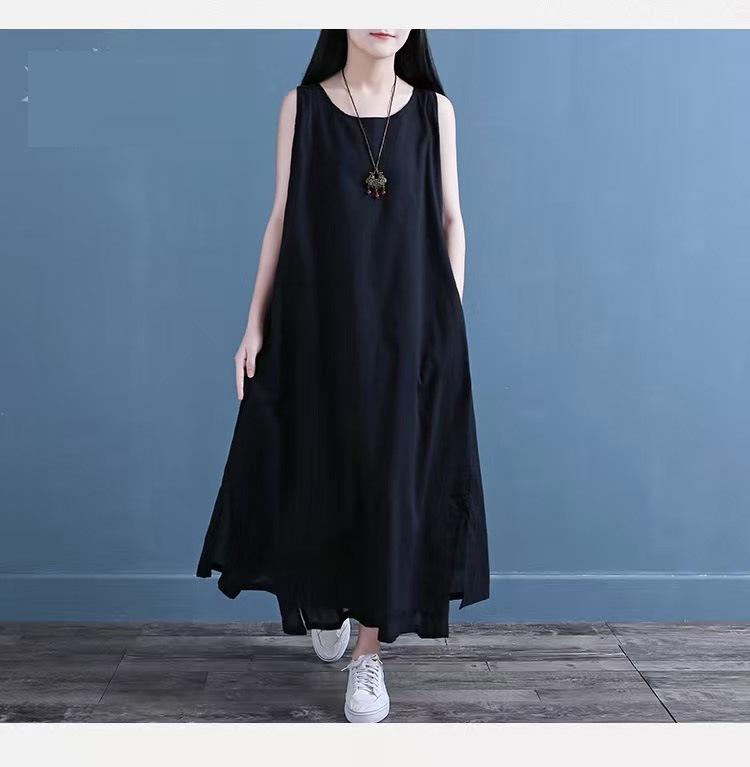 

Хлопково-льняной жилет-юбка 2025 лето новый фанат однотонное двухслойное платье большой размер свободный темперамент длинная юбка L