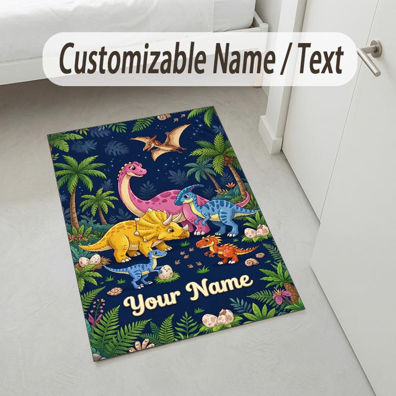 Dinosaur Theme Crystal Velvet Rug Personalized Custom Name Text Soft Floor Mat Home Decor