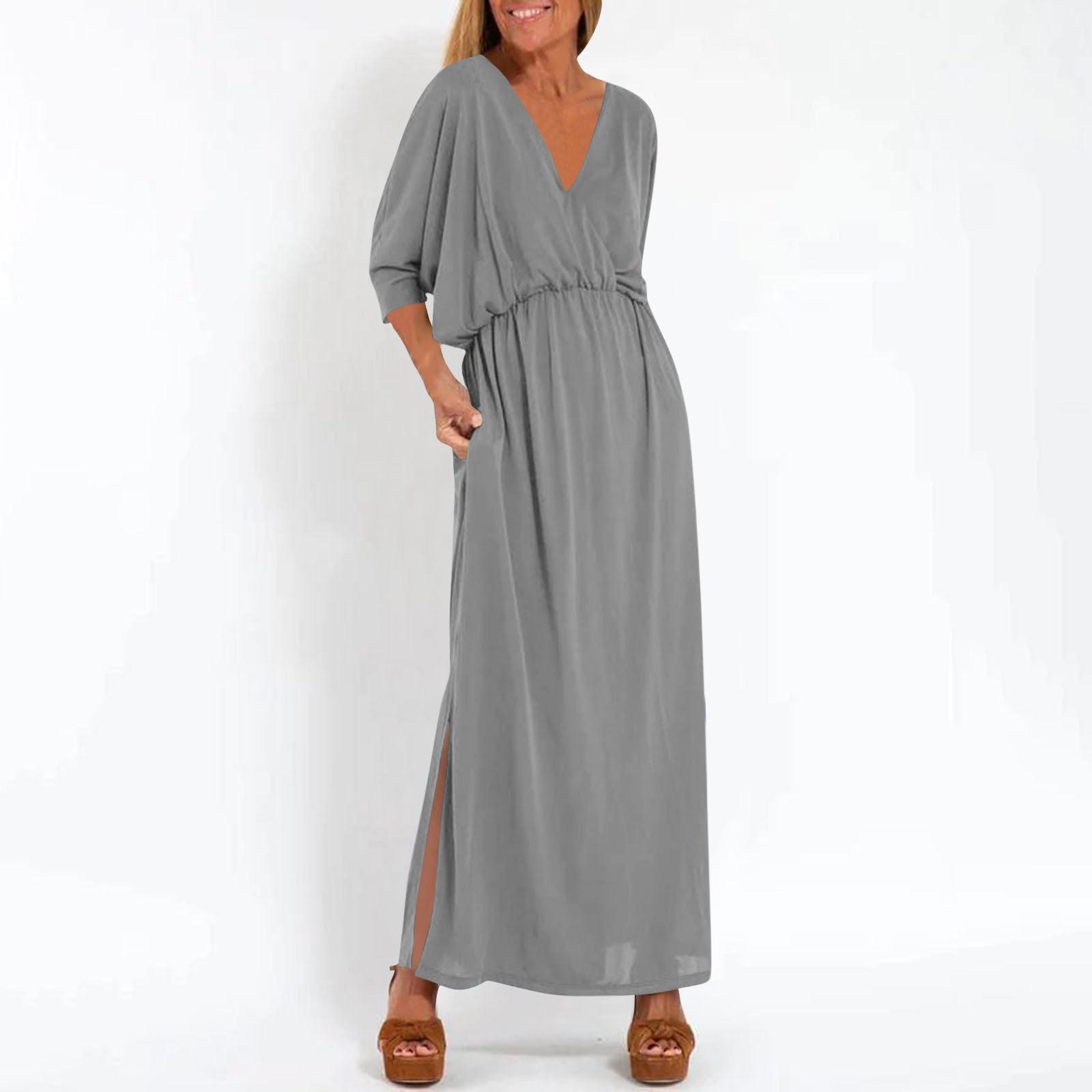 

Women s Fashionable Solid Color High Waist Split V-neck Dress XL