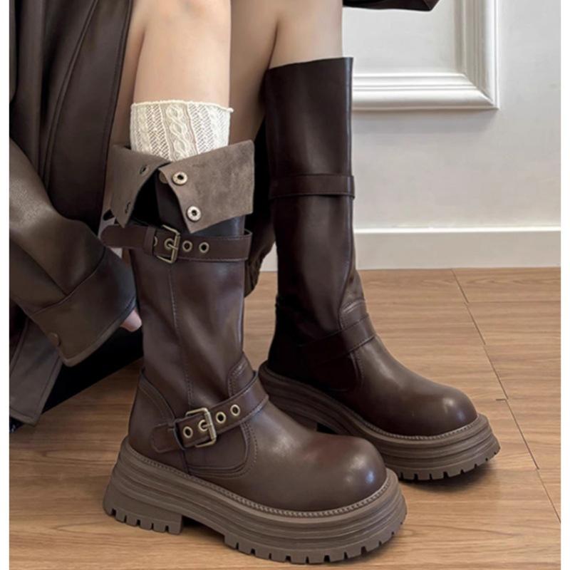 Cowhide version~ thick-soled heightening boots women's autumn and winter versatile British style thick heel Maillard retro knight boots