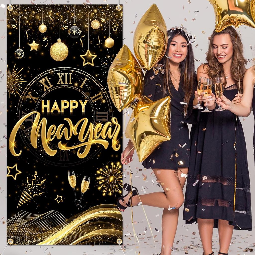 New Years Decorations 2026 Door Cover, Black and Gold Happy New Year Door Banner NYE Front Porch Hang Door Cover, NYE Door Banner for New Year Eve