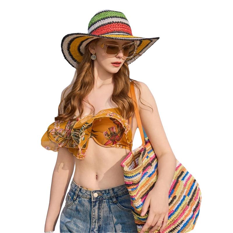 

Пляжный отдых радужная полосатая шляпа от солнца с увеличенными полями затемняющая плетеная соломенная шляпа сумка-комбинация очки шляпа One size