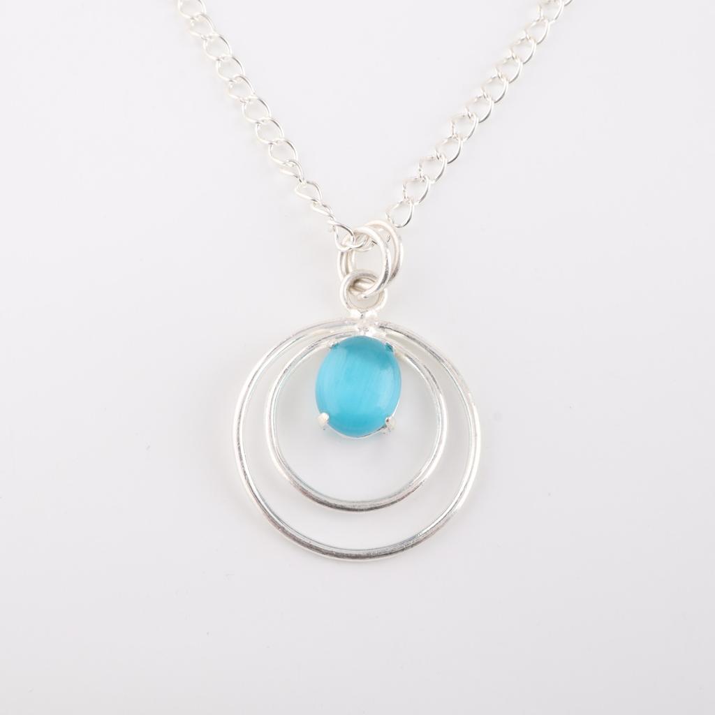 Rare Blue Cat's Eye Gemstone 925 Sterling Silver Jewelry Handmade Pendant 1.65" PP-61-43
