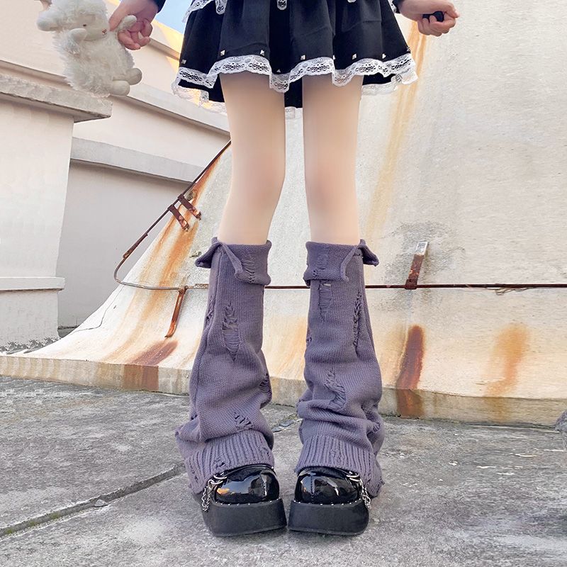 

Осень Зима Японский Стиль Вязаные Гетры Носки С Отворотами Y2K Горячая Девушка Серые Рваные Расклешенные Рукава для Ног До середины икры JK one size