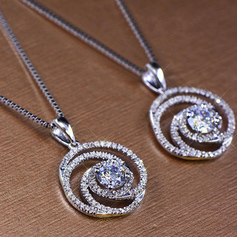 Silver Spiral Swirl Round CZ Pendant Necklace Multi Layer Pave Crystal Box Chain Women Wedding Fashion Jewelry
