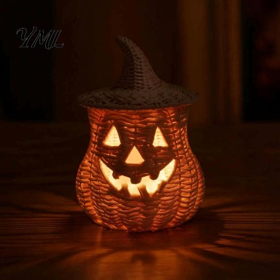 Rustic Fall Aesthetic Halloween Pumpkin Lantern Tabletop Decor, Woven Witch Hat Candy Bowl & LED Gothic Home Decor Prop, Centerpiece for Shelf Mantel