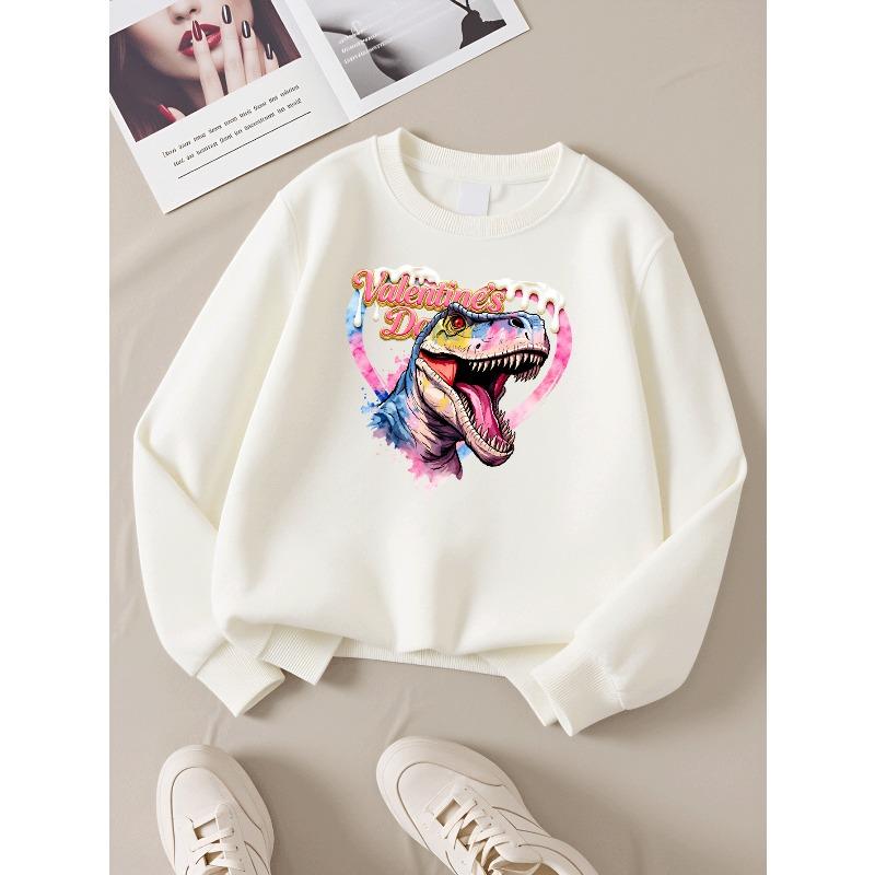 Girls' Long-Sleeve Casual Crewneck Sweatshirt | Valentines Day Dinosaur Heart Love Art, Suitable For Outdoor Sports And