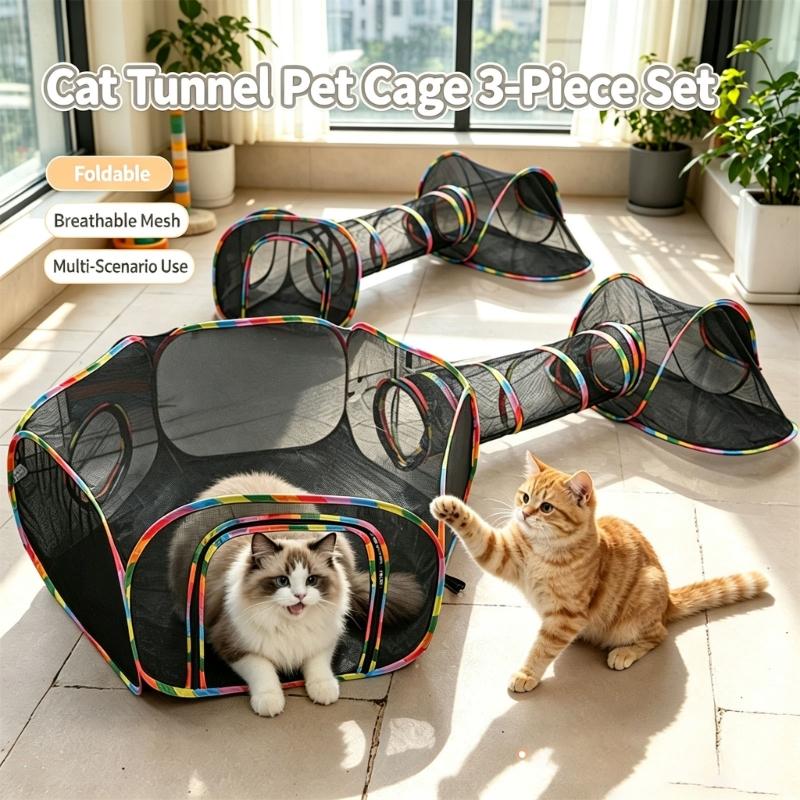 Netz-Katzen-Tunnel Spielset gegen Langeweile, Faltbares Schnelles Spielhaus mit 3 Verbindbaren Teilen zum Krabbeln, Verstecken und für Wohnungstraining