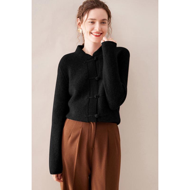 Women's Cashmere Cardigan with Frog Button and Qipao Collar - 100% Pure Wool, Retro Style, Thick Knit Sweater Coat
