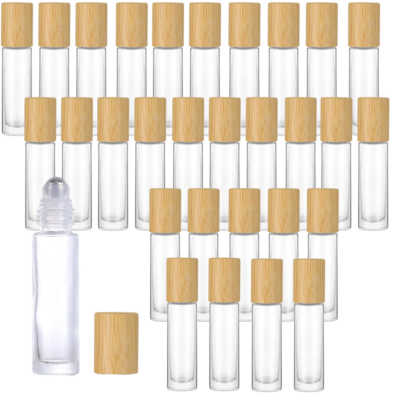

Roll-on bottles, refillable glass containers with bamboo caps, 5ml each, 30 bottles total. Ideal for aromatherapy, perfume, travel, and homemade cosme