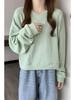 Korean Style Solid Color Women's Sweatshirt – Spring/Autumn, Round Neck, Long Sleeve, Loose Short Top