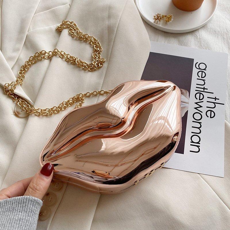 Bolso de Mano con Labios Dorados para Mujer Bolso de Hombro de Cadena Acrílica de Alta Calidad para Señoras Bolso de Noche Forma de Labios Cartera