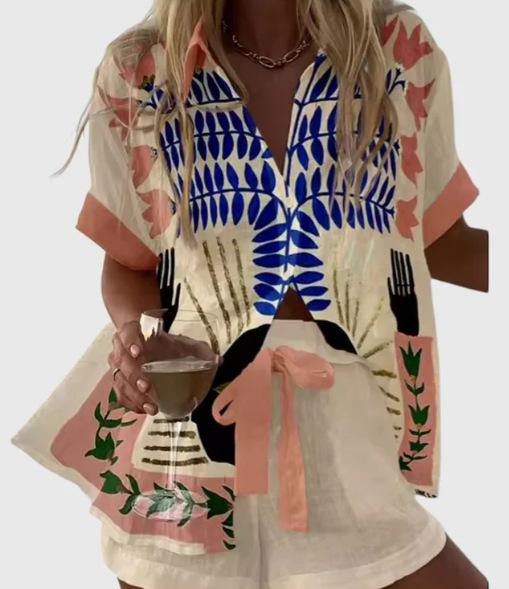 Linglong hemp European and American personality bright digital printing new casual summer top women's suit two-piece set