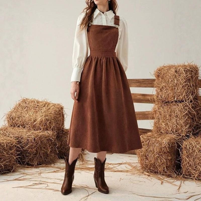 Womens Corduroy Sleeveless Midi Dress With