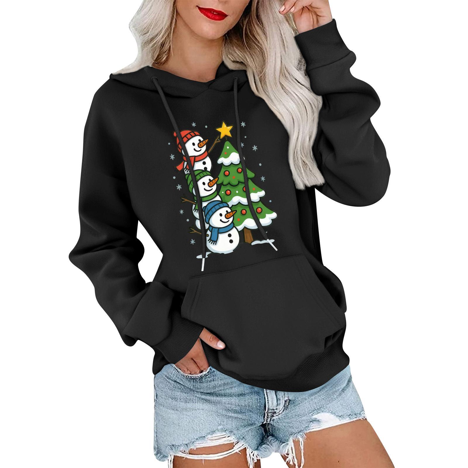 

Женский модный, расслабленный и удобный свитер с круглым вырезом и капюшоном, с длинными рукавами и рождественским принтом, теплый свитер S чёрный