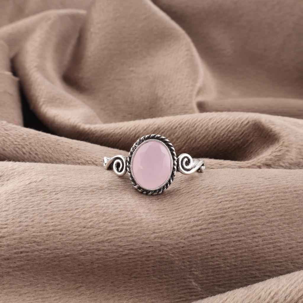 Adorables Bijoux en Pierre Gemme Calcédoine Rose, Bague en Argent Sterling 925, Bague de Guérison Fait Main Cadeau Pour Femmes